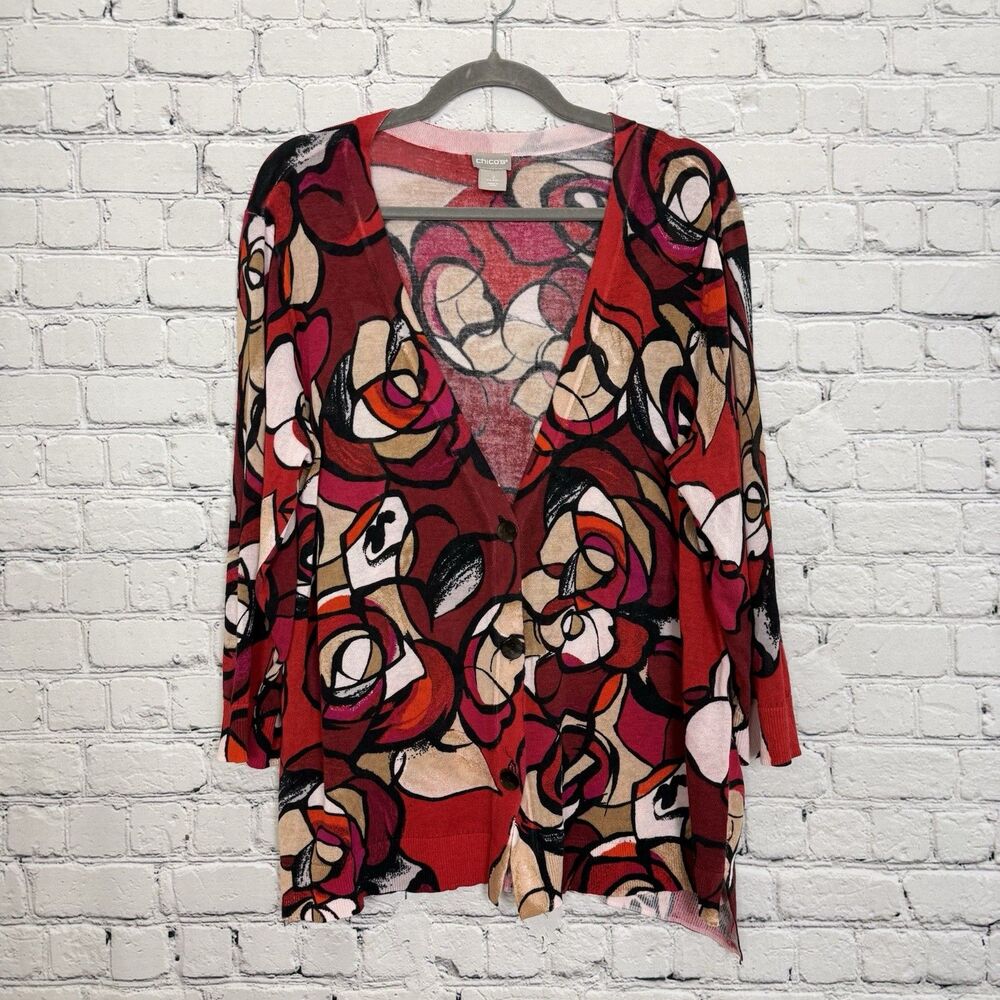 Chico’s Floral Print V-Neck Cardigan Sweater Women L Red Multicolor Button Front